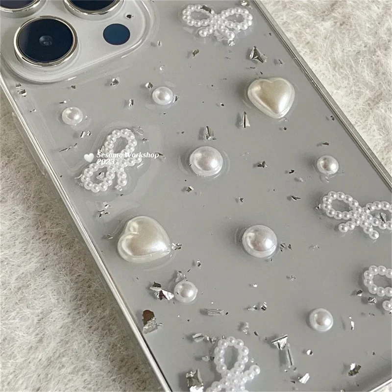 Phone Accessories Wholesale In China - 3Dパールリボンシルバーフォイルスマホケース iPhone 17 Air 16 15