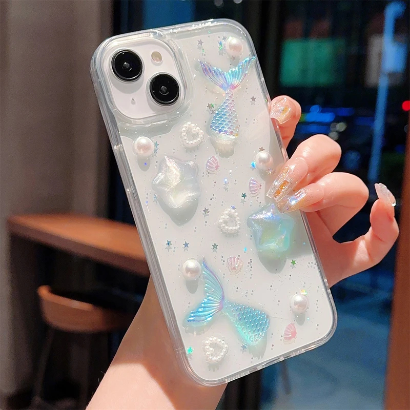 Phone Accessories Wholesale In China - ファッション3Dレーザーフィッシュテールシェルスターエポキシスパンコール付きスマホケース iPhone 16 15 14 13