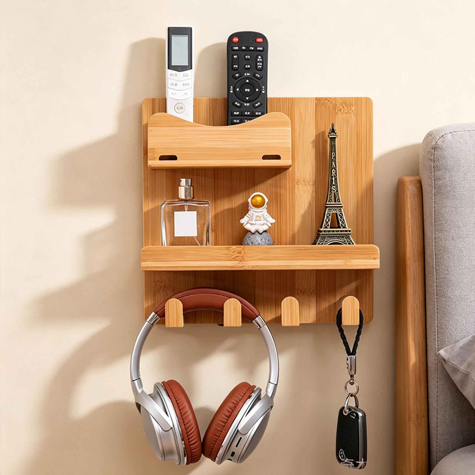 Phone Accessories Europe - 壁掛け式ベッドサイドシェルフアクセサリーオーガナイザー、フック付きダブルトレイ木製ベッドサイドアクセサリーオーガナイザー（リモコン、電話用）